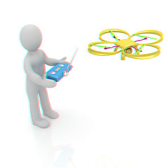 Image showing 3d man with drone, quadrocopter, with photo camera. 3d render. 3