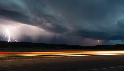 Image showing Fall Thunderstorm Late Night Yellowstone Park Road Lightning Str