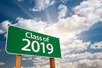 Image showing Class of 2019 Green Road Sign with Dramatic Clouds and Sky