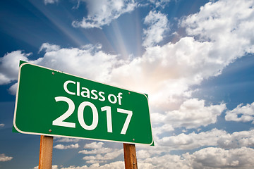 Image showing Class of 2017 Green Road Sign with Dramatic Clouds and Sky