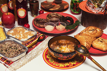 Image showing Russian table with food