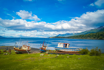 Image showing Wooden boats on coast