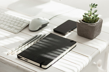 Image showing Office desk table with computer, supplies and mobile phone