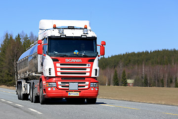 Image showing Red and White Scania Semi Tanker on Sunny Highway