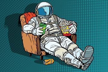 Image showing Astronaut the audience with beer and popcorn sitting in a chair