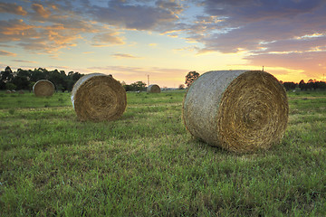 Image showing Hay bales in the Hawkesbury fields with a pretty sunrise sky beh