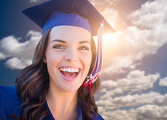 Image showing Happy Graduating Mixed Race Woman In Cap and Gown