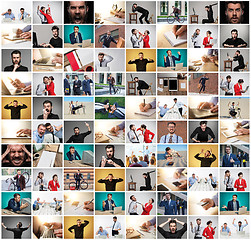 Image showing The collage from images of business man at office with different emotions