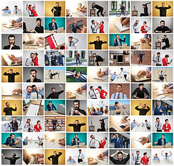 Image showing The collage from images of business man at office with different emotions