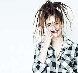 Image showing real caucasian woman with dreadlocks hairstyle funny cheerful fa