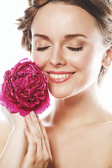 Image showing young beauty woman with flower peony pink closeup makeup soft te