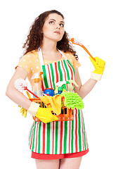 Image showing Housewife with cleaning supplies