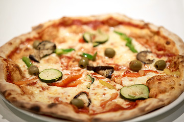 Image showing close up of pizza on plate at pizzeria