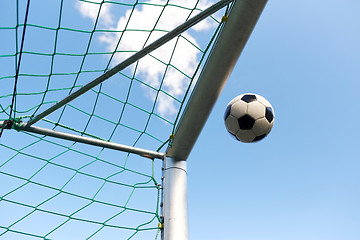 Image showing soccer ball flying into football goal net over sky