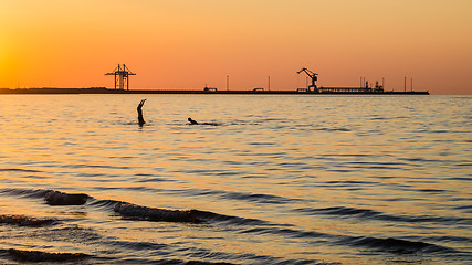 Image showing Couple bathing at sunset in the sea