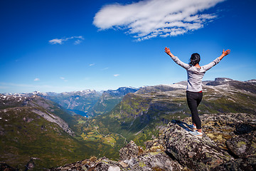 Image showing Geiranger fjord, Norway. Tourism vacation and traveling.