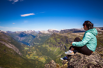 Image showing Geiranger fjord, Norway. Tourism vacation and traveling.