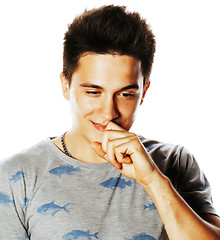 Image showing young handsome brunete man emotional posing on white background 