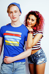 Image showing best friends teenage girl and boy together having fun, posing emotional on white background, couple happy smiling, lifestyle people concept, blond and brunette multi nations
