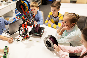 Image showing happy children with 3d printer at robotics school