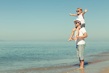 Image showing Father and daughter playing on the beach.