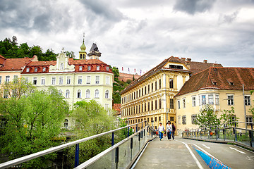 Image showing Panoramic view of Graz city and bridge across the river Mur