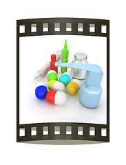 Image showing Syringe, tablet, pill jar. 3D illustration. The film strip