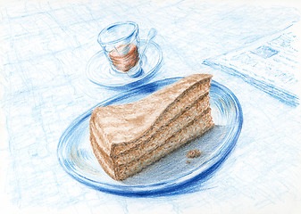 Image showing Piece of cake on plate, coffee and newspaper
