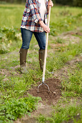 Image showing farmer with rearer weeding garden bed at farm