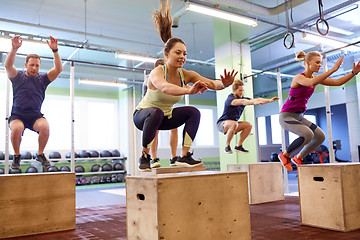 Image showing group of people doing box jumps exercise in gym