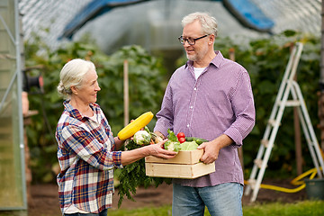 Image showing senior couple with box of cucumbers on farm