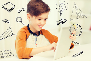 Image showing smiling boy with tablet pc computer at home