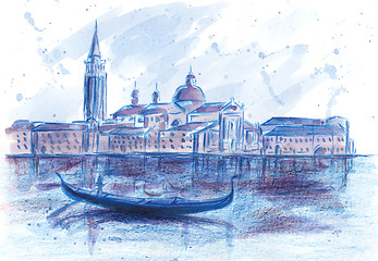 Image showing Gondola and San Giorgio Maggiore Church. Venice, Italy.