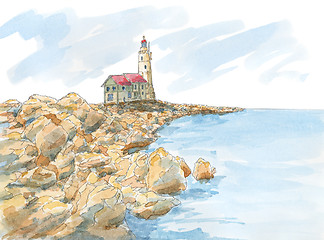 Image showing Lighthouse on rocky coast