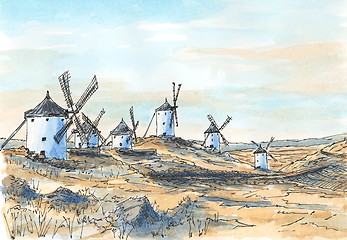 Image showing Spanish old-fashioned windmills in Consuegra, Castile