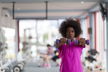 Image showing woman working out in a crossfit gym with dumbbells