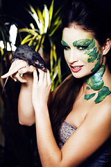 Image showing woman with creative make up like snake and rat in her hands, hal