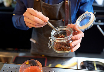 Image showing bartender with anise preparing cocktail at bar