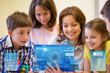 Image showing group of kids with teacher and tablet pc at school