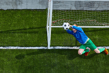 Image showing Soccer football goalkeeper making diving save