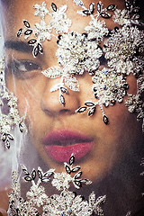 Image showing portrait of beauty young afro woman through white lace, like new