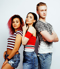 Image showing company of hipster guys, blonde boy and girls students having fun together friends, diverse fashion style and races, lifestyle people concept isolated on white background closeup