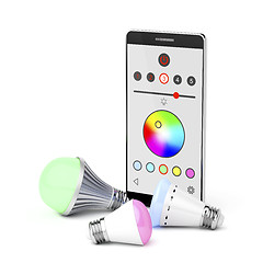 Image showing Smartphone and LED light bulbs