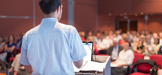 Image showing Public speaker giving talk at scientific conference.