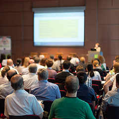 Image showing Speaker giving presentation on business conference.