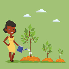 Image showing Business woman watering trees vector illustration.