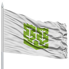 Image showing Matsuyama Capital City Flag on Flagpole, Flying in the Wind, Isolated on White Background
