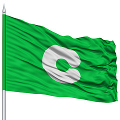 Image showing Kumamoto Capital City Flag on Flagpole, Flying in the Wind, Isolated on White Background