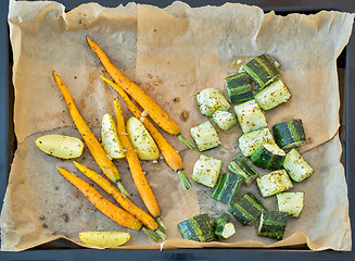 Image showing Roasted vegetables in a metallic baking dish