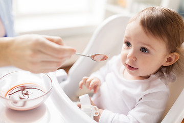 Image showing mother feeding baby with puree at home